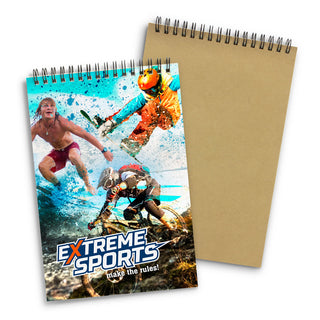 Scribe Full Colour Note Pad - Medium - A medium note pad featuring an extreme sports design with images of athletes, showcasing vibrant colours and a spiral binding.