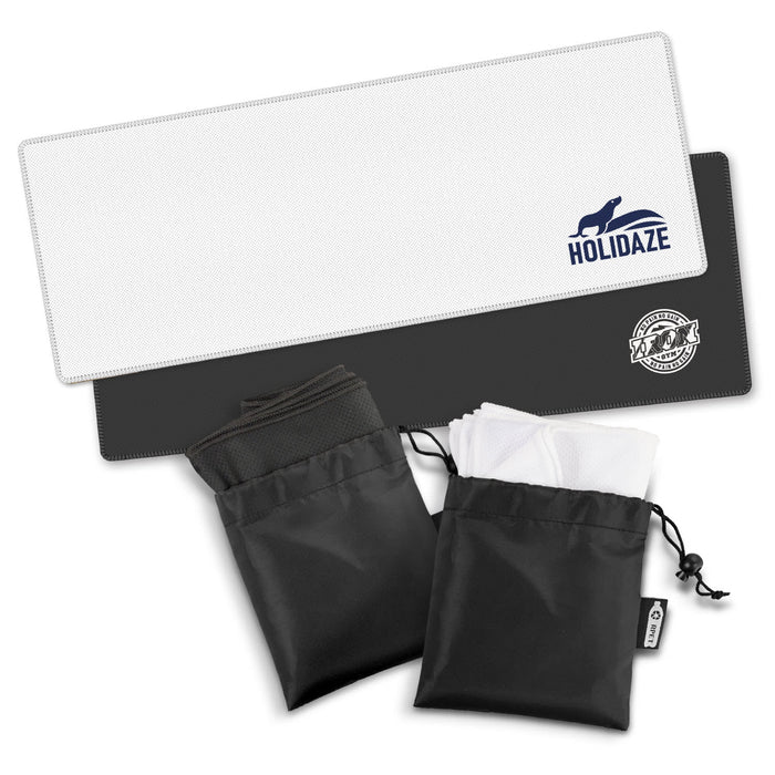 RPET Cooling Towel - Two RPET cooling towels in black and white, each in a black drawstring pouch, featuring various logos.