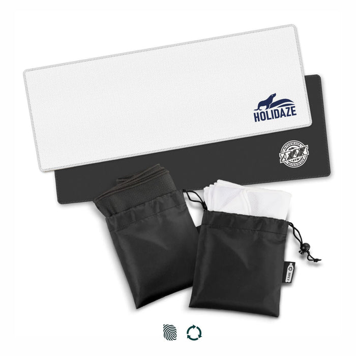 RPET Cooling Towel - A set of two RPET cooling towels in black and white pouches, featuring a logo on one towel.