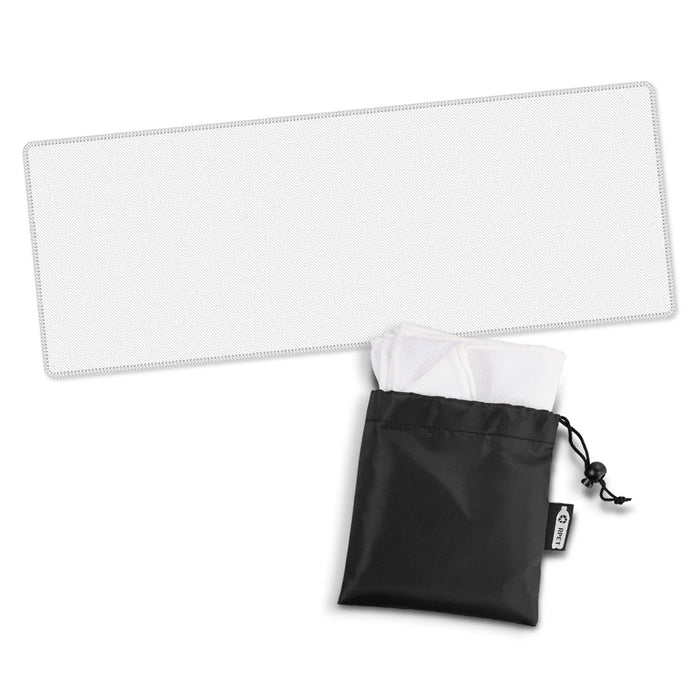 RPET Cooling Towel - A cooling towel in white with a black storage pouch. The towel is neatly folded and stored inside the pouch.