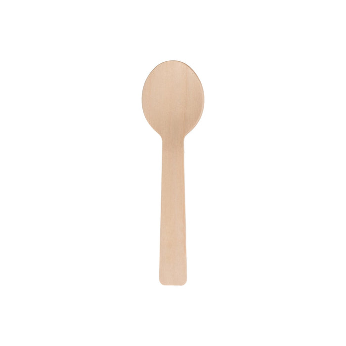 Pack of 100 Per Pack Disposable Birch Spoons/Forks (Small) - A disposable birch spoon in a light wood colour, featuring a rounded bowl and a straight handle.