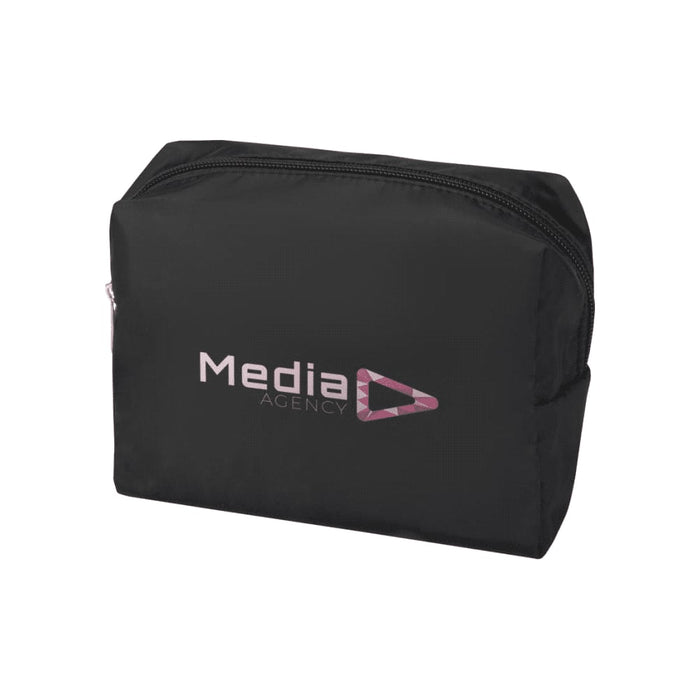 Muse GRS RPET Toiletry Bag - A black toiletry bag with a zip closure and a branding logo on the front.