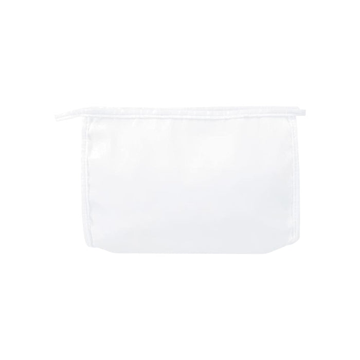 Muse GRS RPET Toiletry Pouch - A white toiletries pouch with a zip closure and a logo on the side.