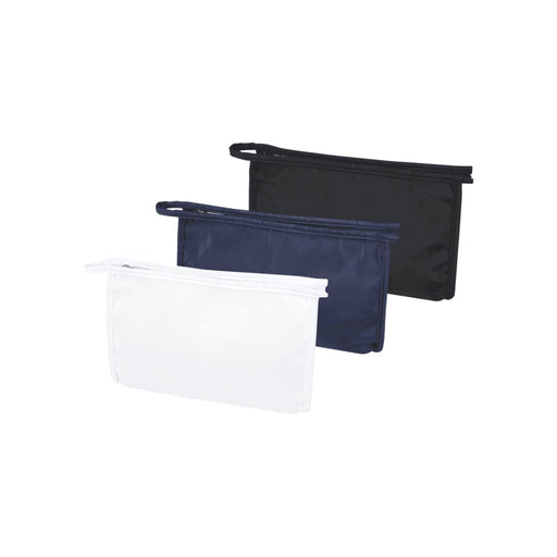 Muse GRS RPET Toiletry Pouch - Three toiletry pouches in white, navy blue, and black, each with a zip closure and a handle.