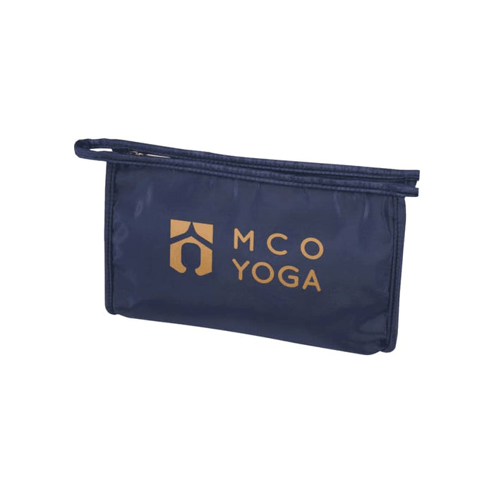 Muse GRS RPET Toiletry Pouch - A navy blue toiletry pouch with a zippered closure and a branding logo on one side.