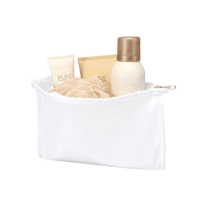 Muse GRS RPET Toiletry Pouch - A white toiletry pouch containing skincare items, including lotions and a loofah, with a logo visible.