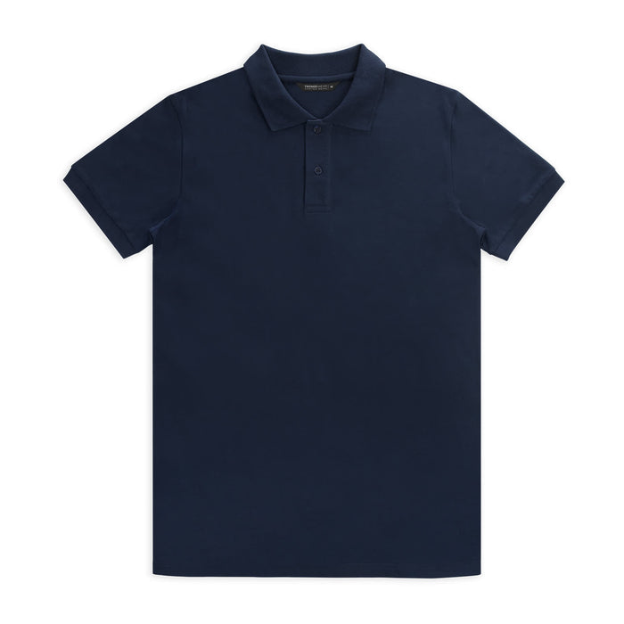 TRENDSWEAR Carter Men's Polo - A navy blue men's polo shirt with a collar and three buttons, featuring a logo on the chest.
