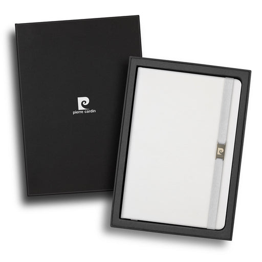 Pierre Cardin Nouvelle Notebook Gift Set - Special - A white notebook in a black gift box, featuring a branding logo and a closure strap.
