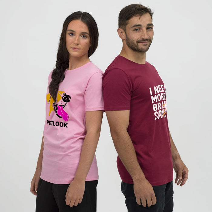TRENDSWEAR Element Unisex T-Shirt - A pink unisex T-shirt with a graphic design and a maroon unisex T-shirt with text. Both models stand back to back.
