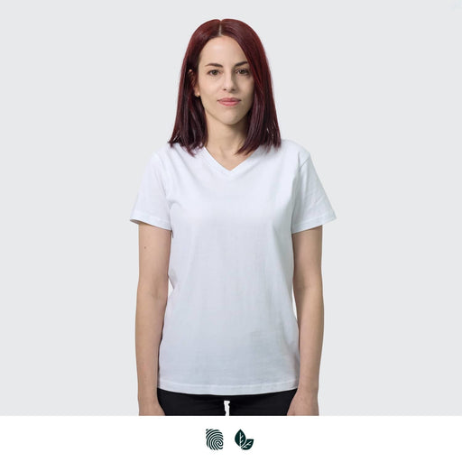 TRENDSWEAR Viva Womens T-Shirt - A white women's t-shirt with a v-neck design, displayed on a model with shoulder-length hair.