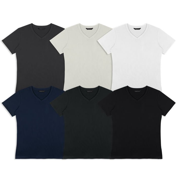 TRENDSWEAR Viva Womens T-Shirt - A collection of six v-neck t-shirts in various colours: black, navy, dark grey, light grey, white, and olive. Each has a logo.