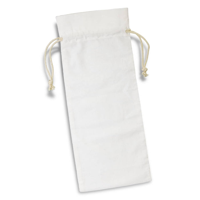 Cotton Wine Drawstring Bag - A cotton drawstring bag in white, featuring two drawstrings at the top and a plain surface. It has a logo.