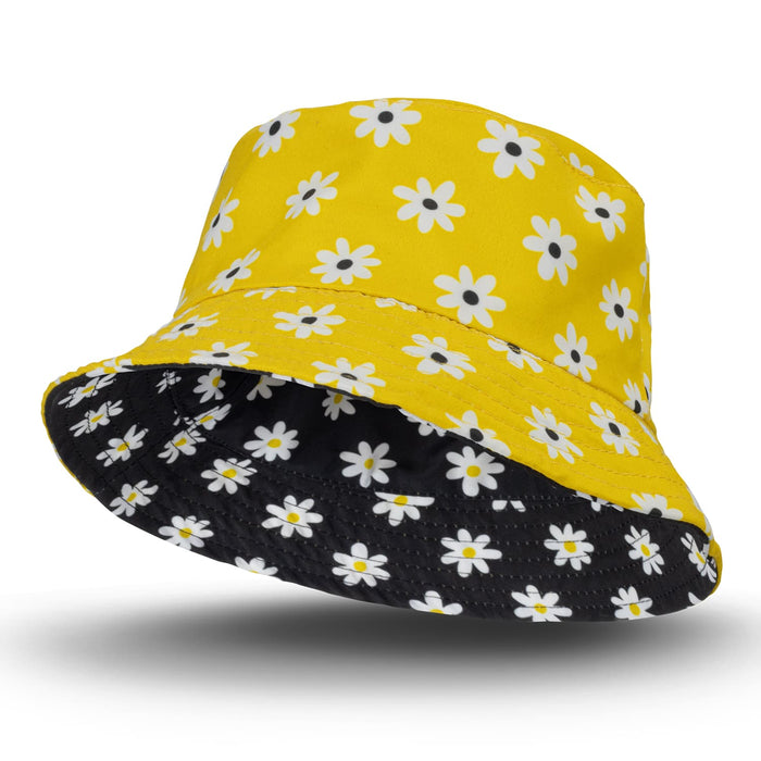 Sonny Custom Reversible Bucket Hat - A yellow reversible bucket hat with a daisy pattern on one side and a solid black interior.