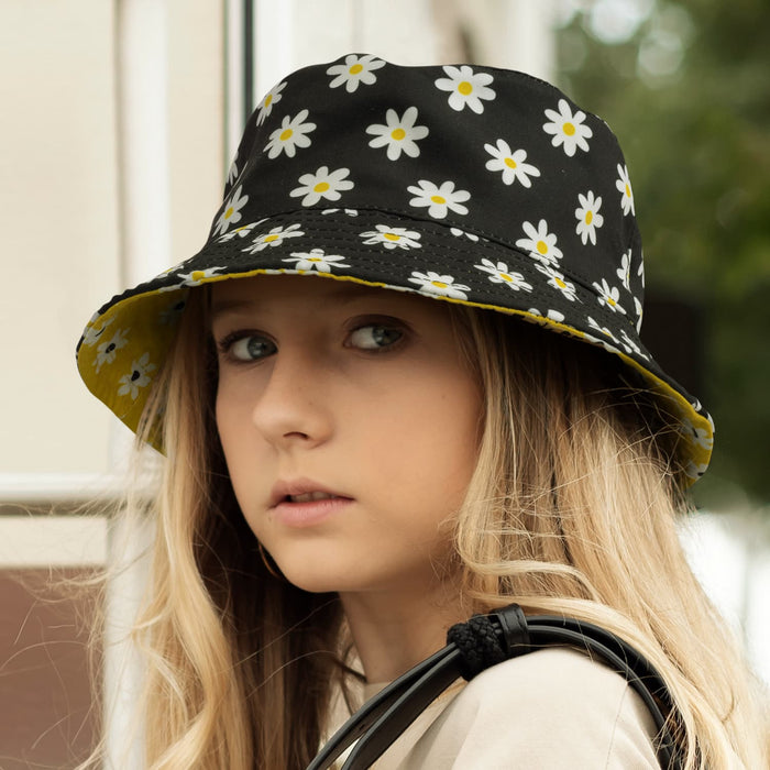Sonny Custom Reversible Bucket Hat - A reversible bucket hat featuring a black floral design with daisies and a contrasting yellow interior.