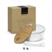 NATURA Iris Glass Food Container - A glass food container with a bamboo lid, featuring a white base and a silicone strap, packaged in a brown box.