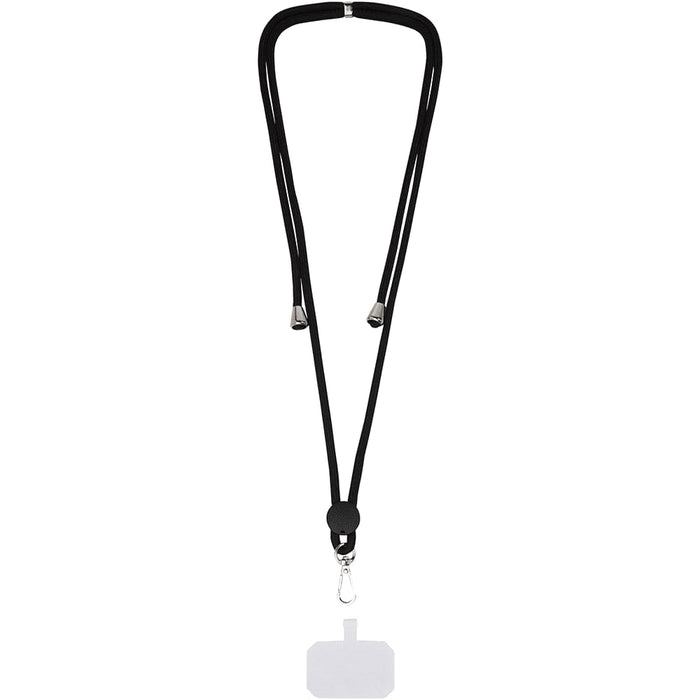 Kubi Phone Lanyard - A black phone lanyard featuring a clip attachment and metallic ends, designed for holding devices securely.