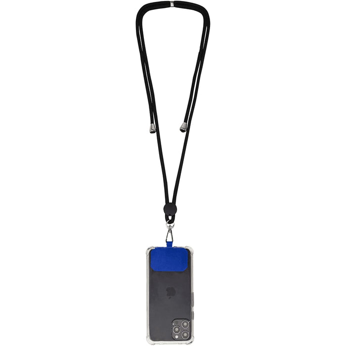 Kubi Phone Lanyard - A phone lanyard in black with a blue attachment, holding a phone in a protective case.