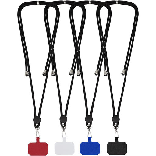 Kubi Phone Lanyard - A series of phone lanyards in red, white, blue, and black, each featuring a badge holder.
