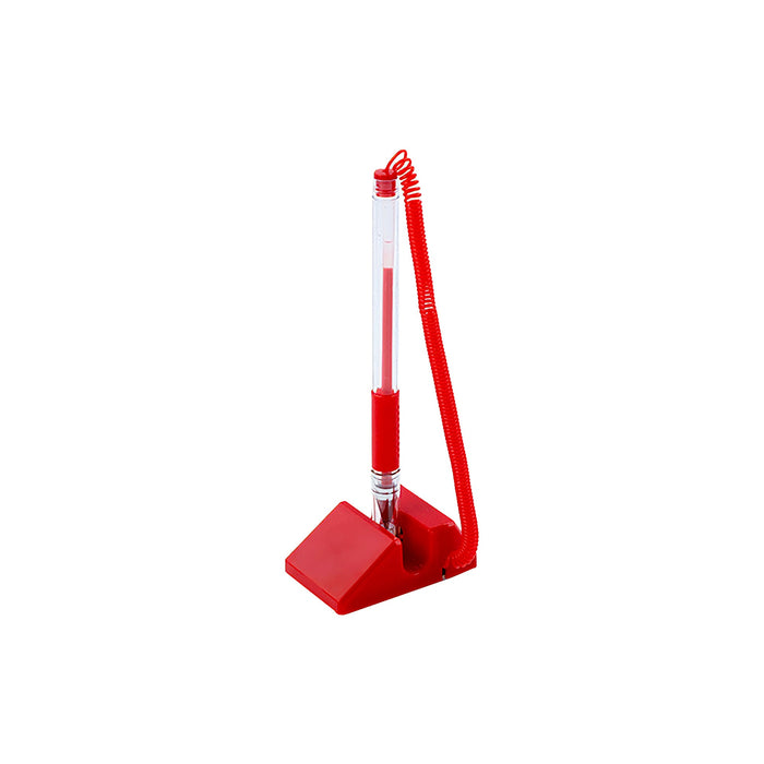 Counter Fixed Signature Pen A - A red fixed signature pen with a coiled connector, mounted on a triangular base.