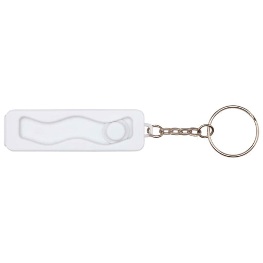 Aggia Recycled Plastic Phone Stand w/ Fidget Toy - A white recycled plastic phone stand with a fidget toy, attached to a metal keychain.