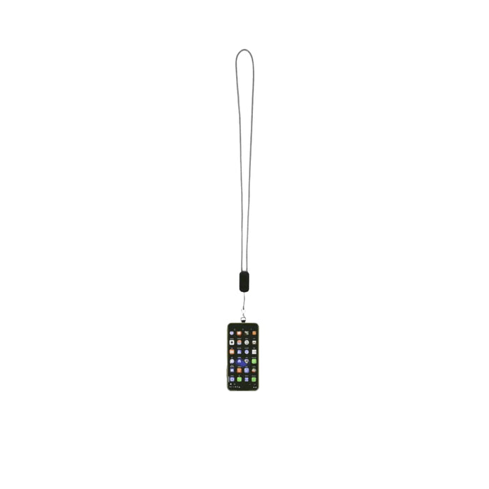 Anser Recycled Plastic Smartphone Lanyard w/ 27W 5-in-1 Built-in Cable - A smartphone lanyard in black with a built-in 5-in-1 charging cable and a detachable attachment.