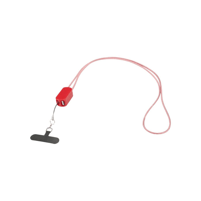 Anser Recycled Plastic Smartphone Lanyard w/ 27W 5-in-1 Built-in Cable - A red smartphone lanyard featuring a built-in 27W 5-in-1 cable, attached to a black clip. Includes a logo.