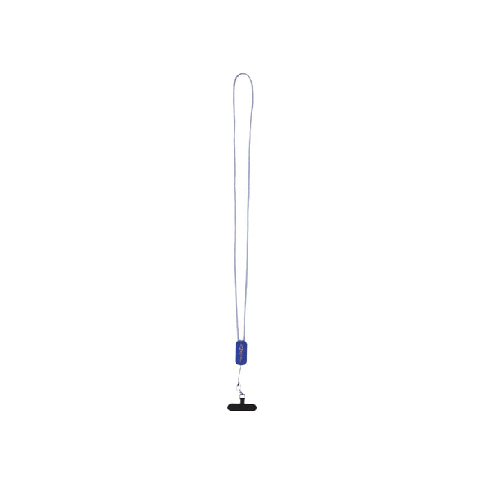 Anser Recycled Plastic Smartphone Lanyard w/ 27W 5-in-1 Built-in Cable - A blue lanyard made from recycled plastic with a clip at the end for attaching a smartphone or device.