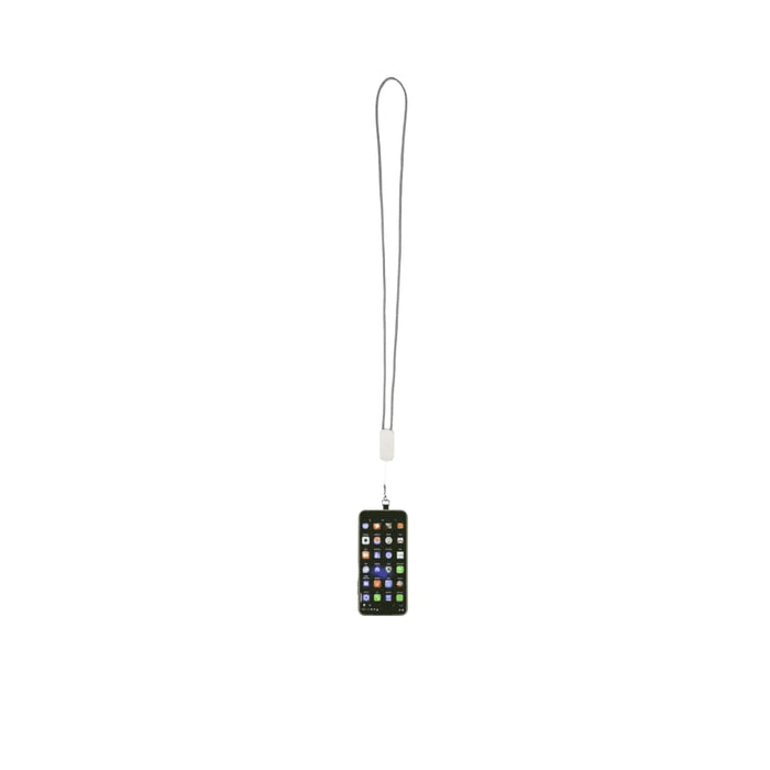Anser Recycled Plastic Smartphone Lanyard w/ 27W 5-in-1 Built-in Cable - A recycled plastic smartphone lanyard in black, featuring a built-in 5-in-1 charging cable and a logo.