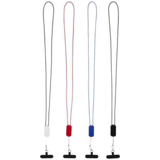 Anser Recycled Plastic Smartphone Lanyard w/ 27W 5-in-1 Built-in Cable - A set of four smartphone lanyards in grey, red, blue, and white, each with a black attachment.