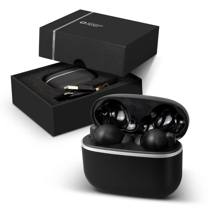 Swiss Peak TWS Earbuds 2.0 - A pair of black Swiss Peak TWS Earbuds 2.0 in a black packaging box with an interior foam insert.