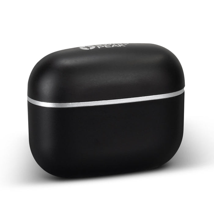 Swiss Peak TWS Earbuds 2.0 - A black charging case for Swiss Peak TWS Earbuds 2.0 with a silver band and logo.