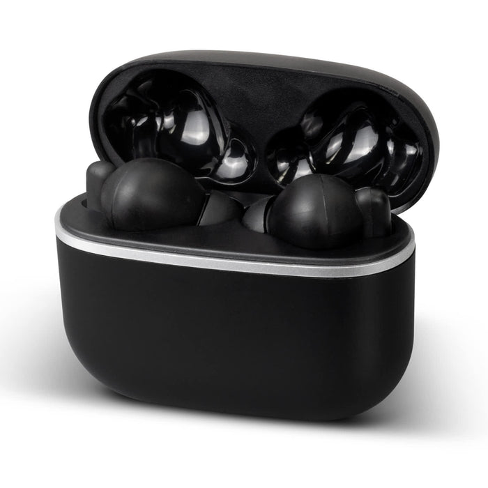 Swiss Peak TWS Earbuds 2.0 - A pair of black wireless earbuds in a sleek black charging case, featuring a minimalistic design and branding.