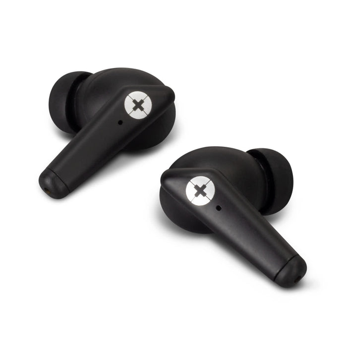 Swiss Peak TWS Earbuds 2.0 - A pair of black TWS earbuds with a sleek design and a circular logo on each earbud.
