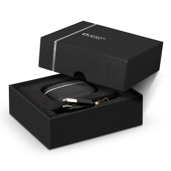 Swiss Peak TWS Earbuds 2.0 - A black gift box open to reveal Swiss Peak TWS Earbuds 2.0 with a charging cable inside.