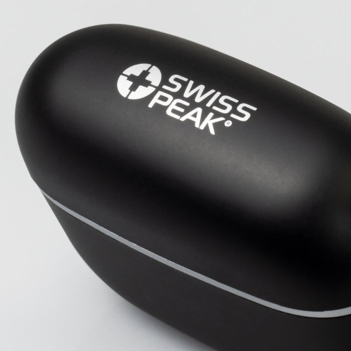 Swiss Peak TWS Earbuds 2.0 - A black charging case for earbuds with a logo, designed for Swiss Peak TWS Earbuds 2.0.