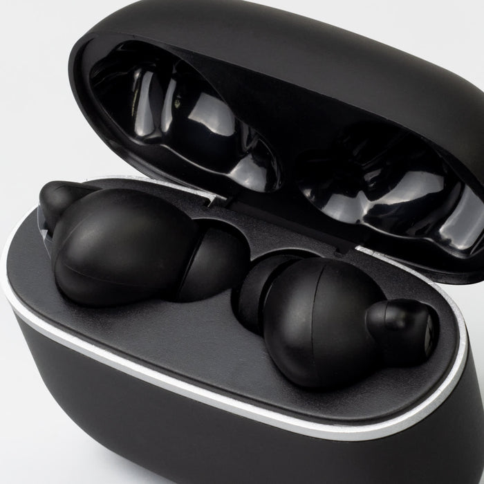 Swiss Peak TWS Earbuds 2.0 - A black case with a pair of black TWS earbuds inside, showcasing a sleek and modern design.