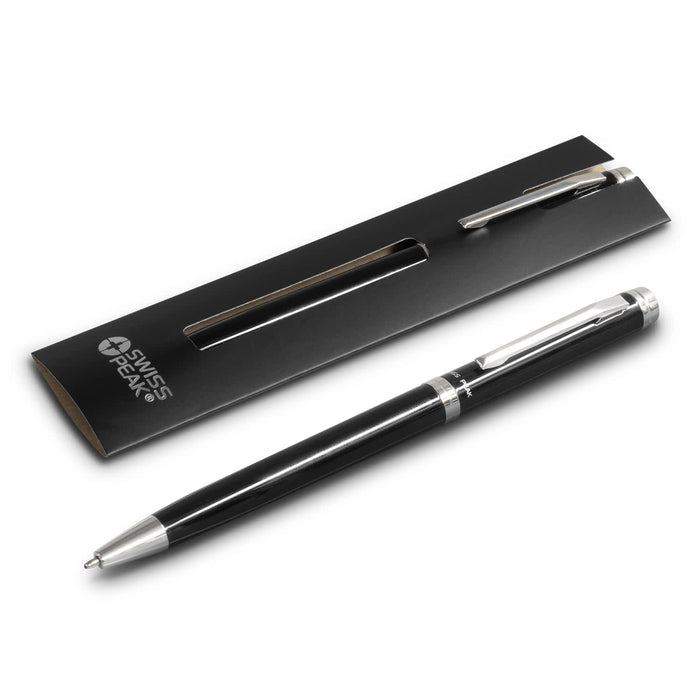 Swiss Peak Luzern Pen - A metal pen in black with silver accents, presented in a sleek black packaging with a branding logo.