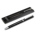 Swiss Peak Luzern Pen - A metal pen in black with silver accents, presented in a sleek black packaging with a branding logo.