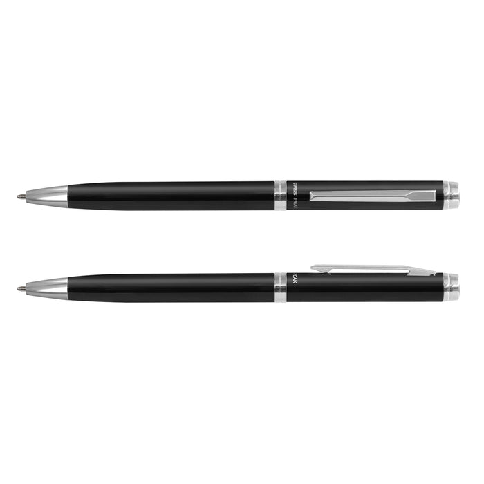 Swiss Peak Luzern Pen - A metal pen set in black with silver accents, featuring a sleek design and a clip for easy attachment.
