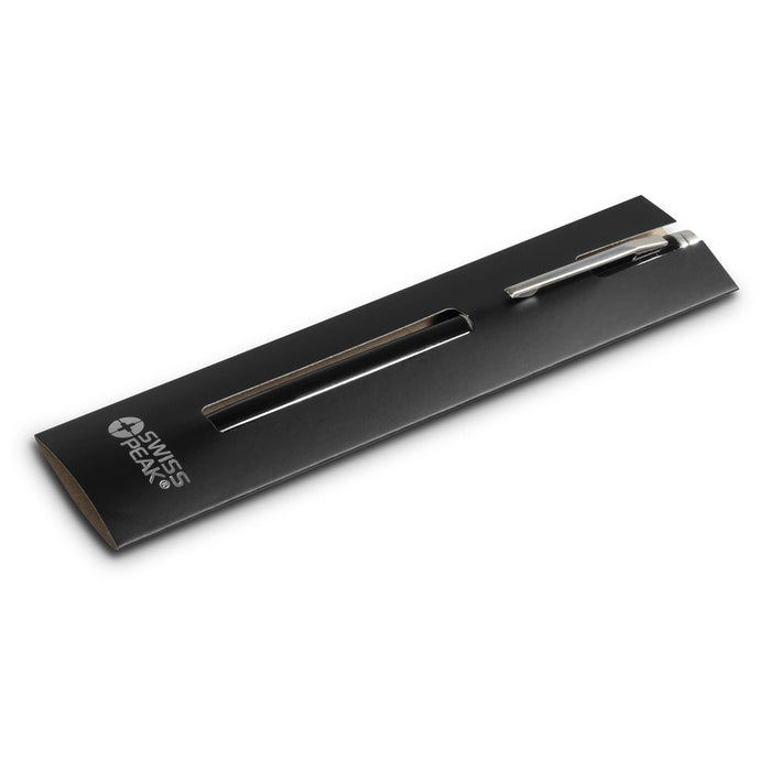 Swiss Peak Luzern Pen - A metal pen in silver, presented in a sleek black packaging with a logo. Ideal for writing tasks.