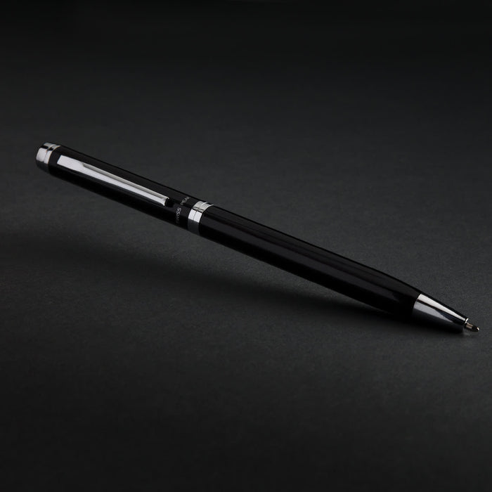 Swiss Peak Luzern Pen - A metal pen in sleek black with silver accents, featuring a branding logo.