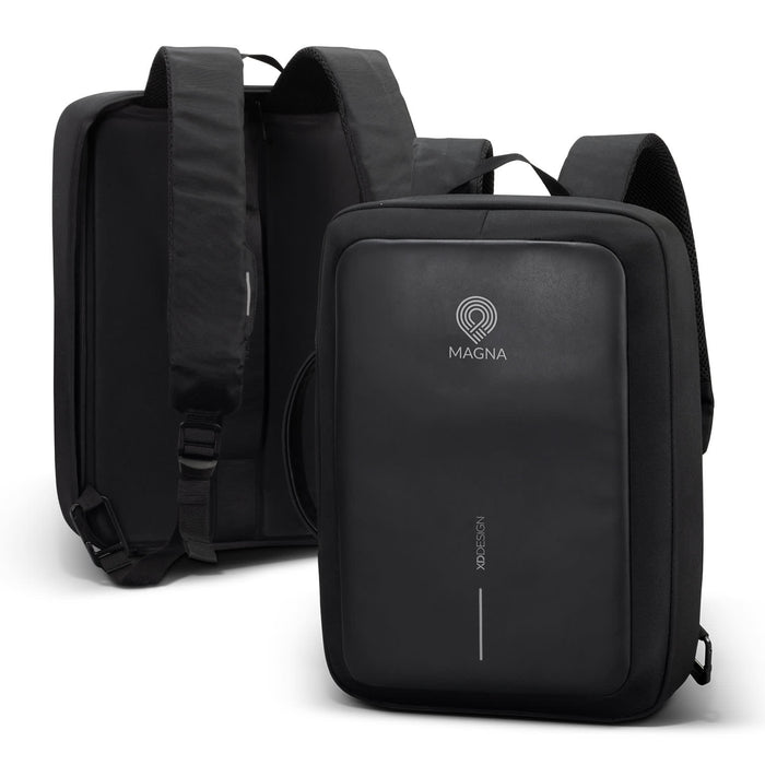 Bobby Bizz Anti-theft Backpack  Briefcase - A black anti-theft backpack with adjustable straps, featuring a minimalistic design and a logo on the front.