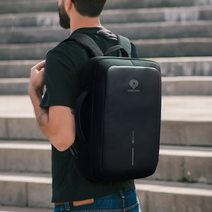 Bobby Bizz Anti-theft Backpack  Briefcase - A black anti-theft backpack with a sleek design, featuring a logo and a top handle, worn on a person’s back.