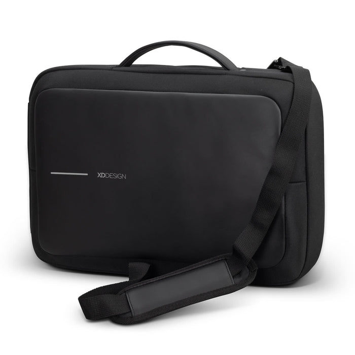 Bobby Bizz Anti-theft Backpack  Briefcase - A black anti-theft backpack briefcase featuring a sleek design and an adjustable strap. It has a logo present.