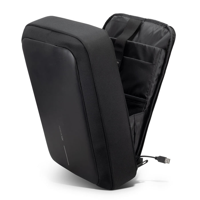Bobby Bizz Anti-theft Backpack  Briefcase - A black anti-theft backpack with a sleek design, featuring an open zipper and organisational pockets inside.