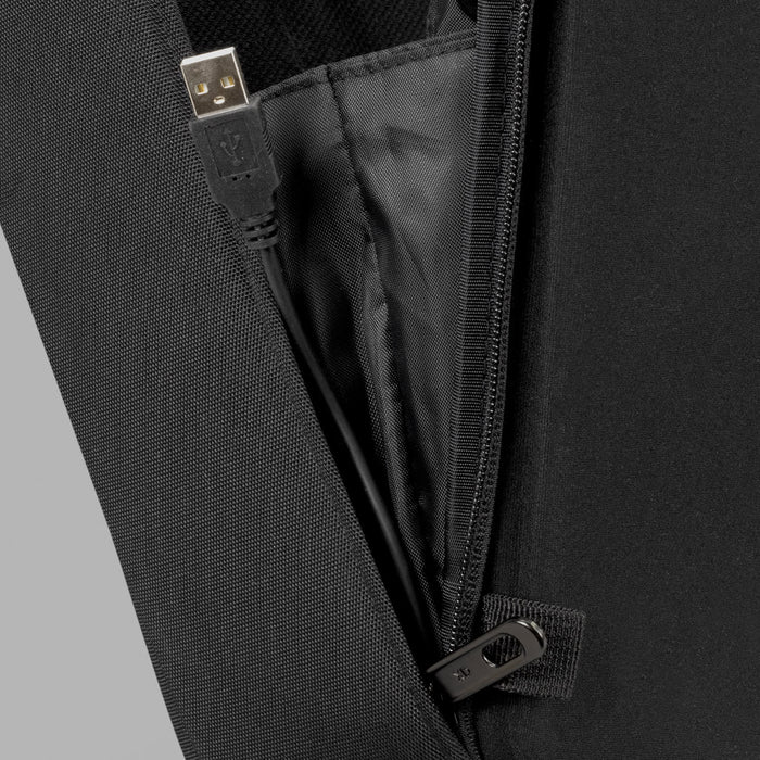 Bobby Bizz Anti-theft Backpack  Briefcase - A close-up view of a black backpack's zipper, revealing a USB charging port and inner lining.