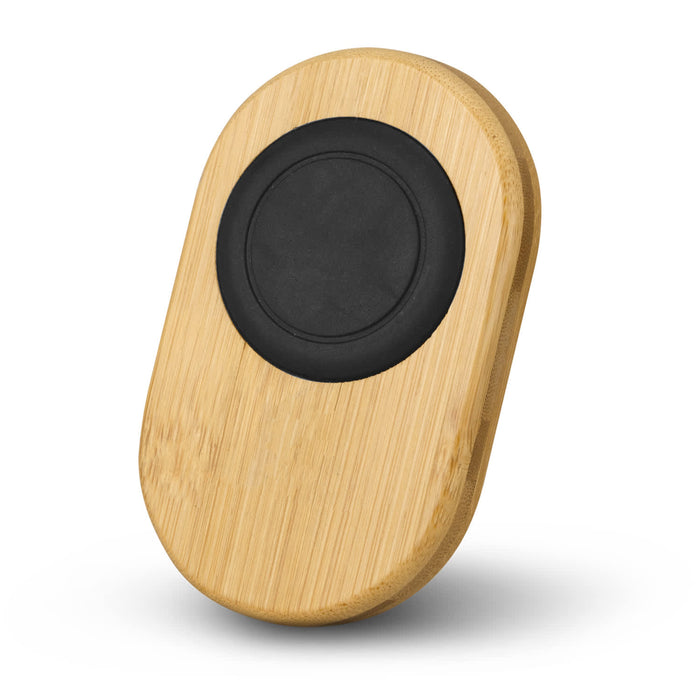 Bamboo Car Phone Holder - Bamboo car phone holder featuring a black rubber grip base. Made from natural bamboo material in a sleek oval shape.
