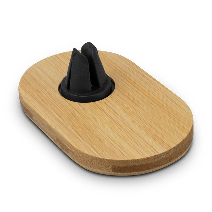Bamboo Car Phone Holder - A bamboo car phone holder featuring a black rubber grip and an oval base, ideal for mounting mobile devices.