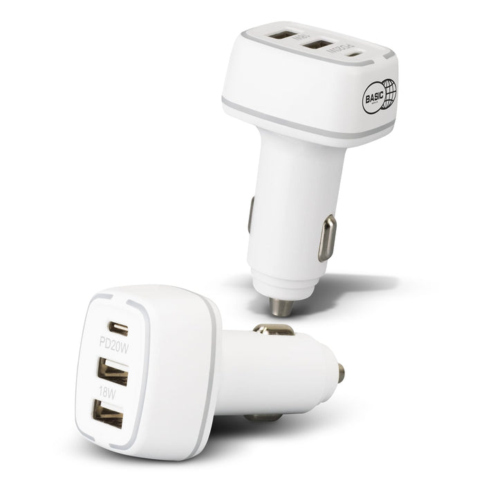 Photon Car Charger - A white USB car charger with two ports, featuring a logo on one side and multiple USB outputs visible.