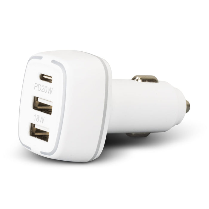 Photon Car Charger - A white car charger with one USB-C port and two USB-A ports, featuring a sleek design and a logo.